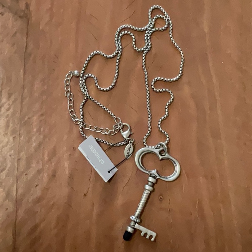 Chico’s Antiqued Silver Tone Skeleton Key Necklace Whimsical Statement Piece